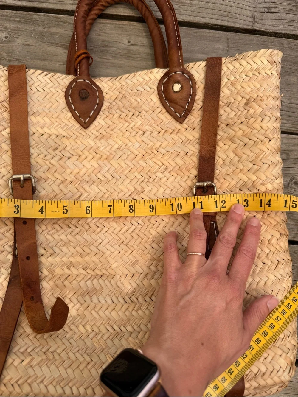 Natural Straw Backpack with Brown Leather Trim
